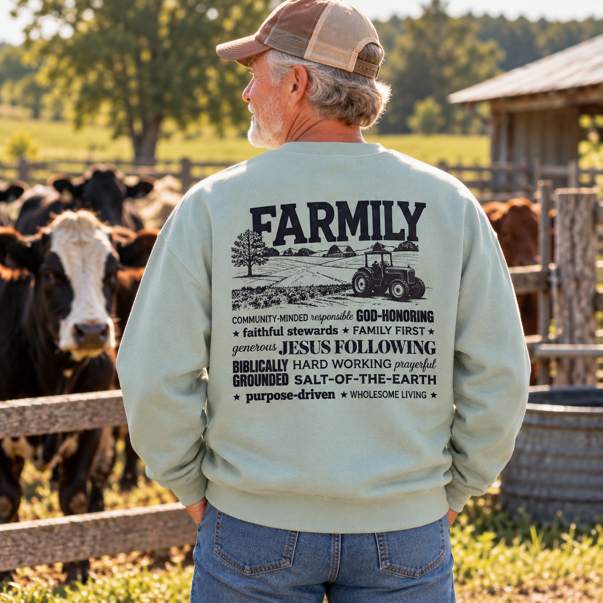 Back of FARMILY Sage crewneck sweatshirt