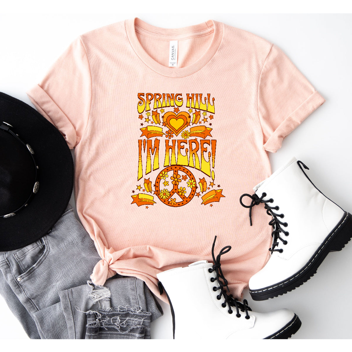 Peace Sign Orange & Yellow Edition: Spring Hill I'm Here - Peach Tee