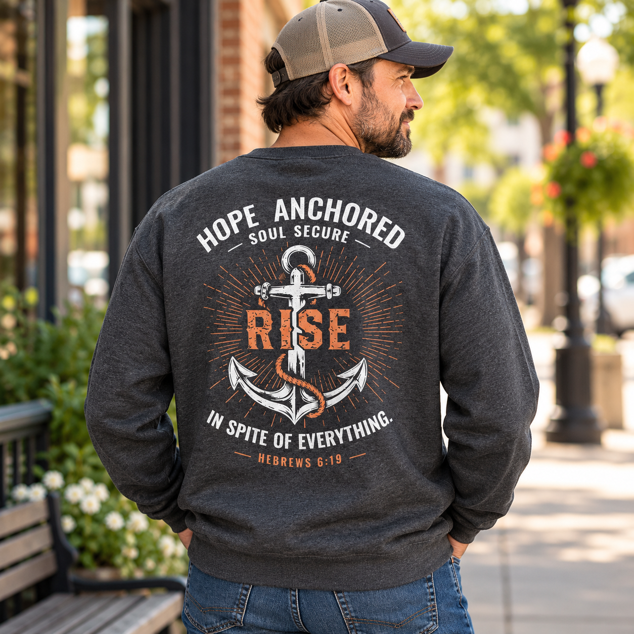 Back of Hope Anchored sweatshirt with anchor artwork and Hebrews 6:19