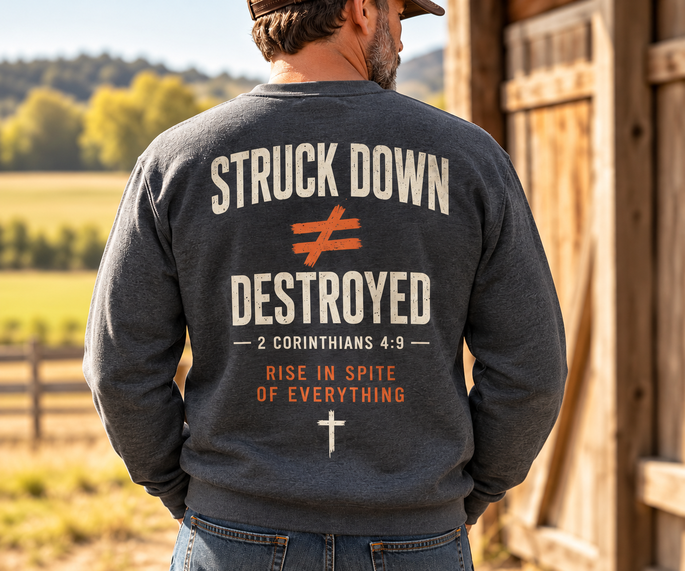 Back view of Struck Down Not Destroyed dark heather crewneck
