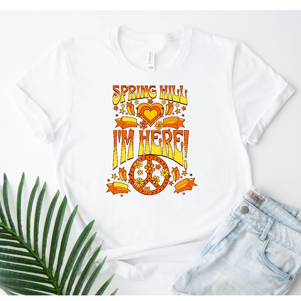 Peace Sign Orange & Yellow Edition: Spring Hill I'm Here - White Tee