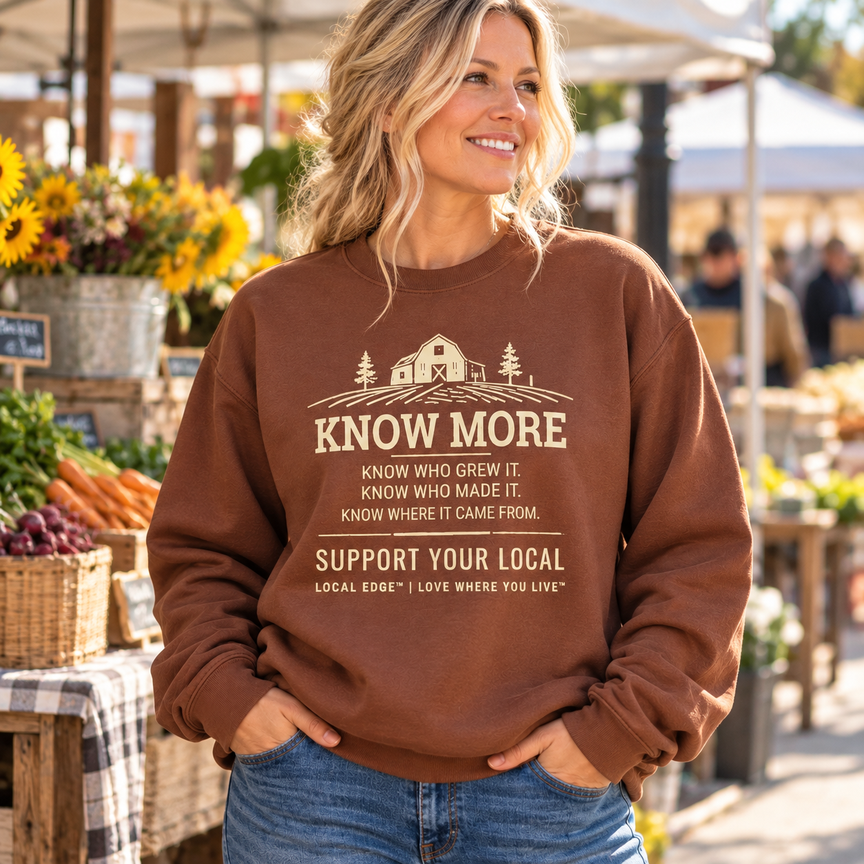 KNOW MORE Cocoa crewneck sweatshirt, front view at farmers market